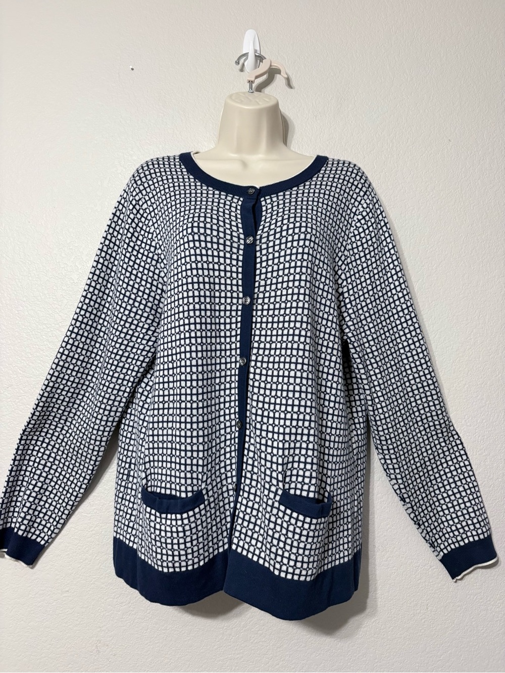 Lands’ End Navy & White Windowpane Supima Cotton Button-Front Cardigan XL